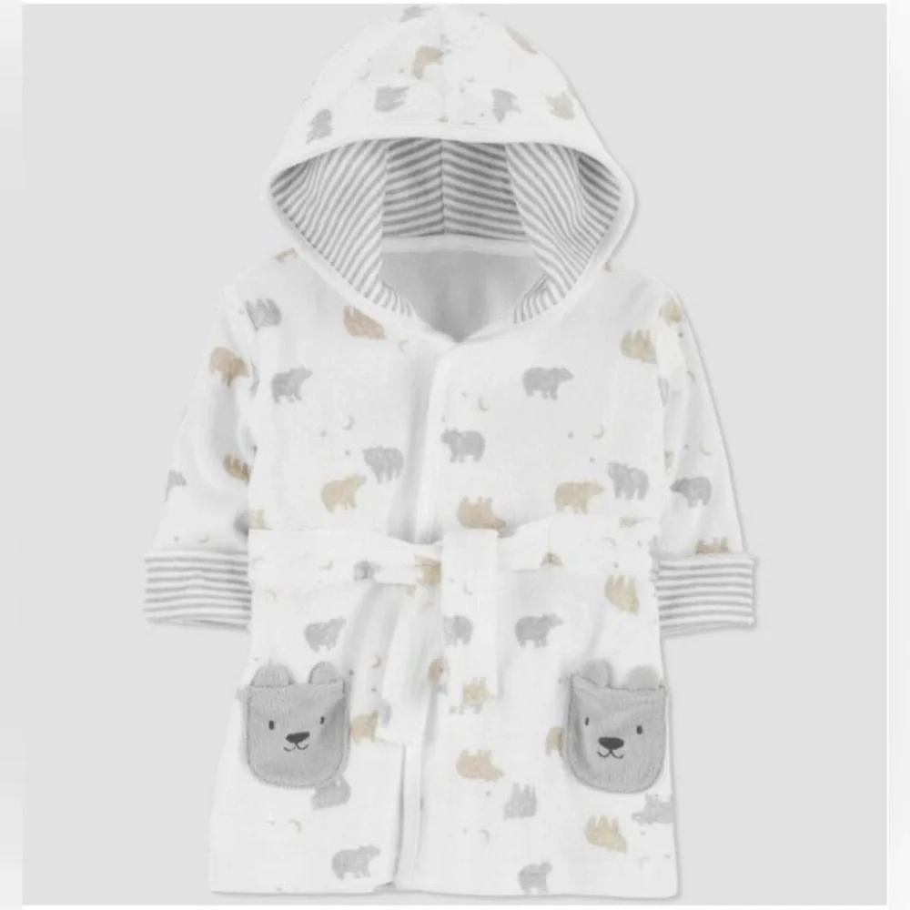Carter's Just One You White Gray Baby Bear Print Hooded Bath Robe Size 0-9M